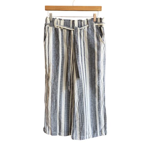 Kiss & Cry Linen Pants Womens L Elastic Waist, Tie, White Blue Wide Leg Beach - Picture 2 of 9